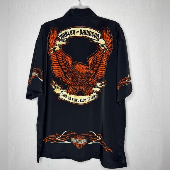 Vintage 2003 Harley Davidson Button Down Short Sleeve Bowler Shirt Flames Eagle - Picture 1 of 11